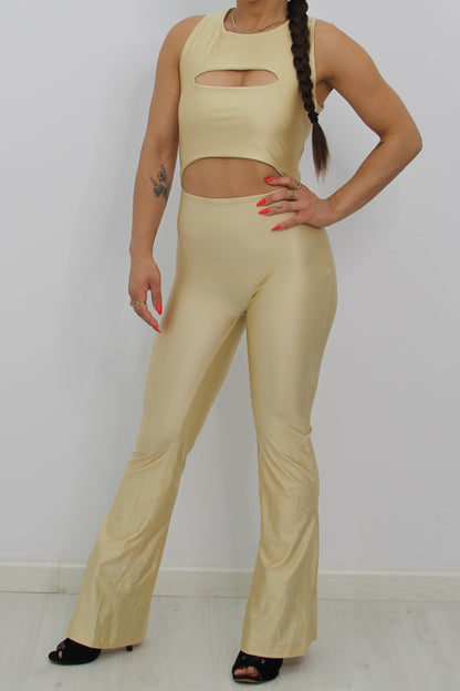 Mono cruzado dorado de Rittmo, diseño completo de cuerpo entero para bailarinas de baile bachata con estilo.
